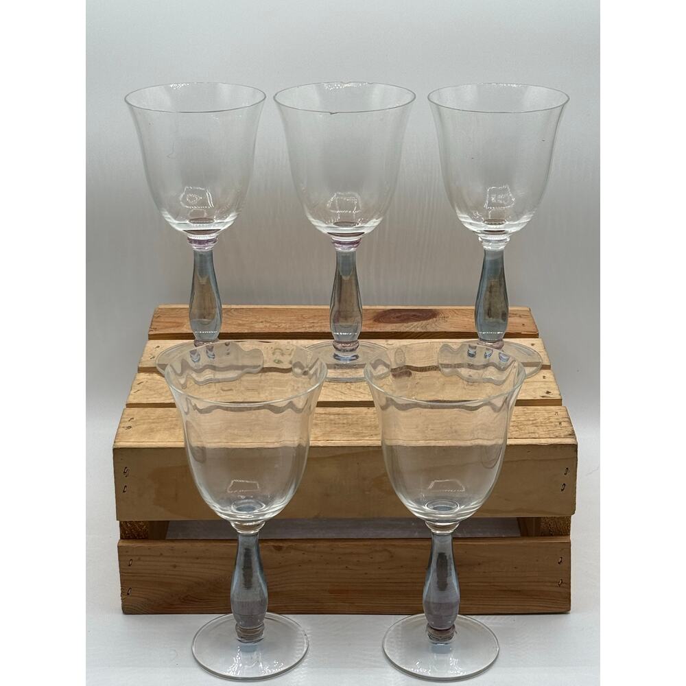 Vintage Clear Wine Goblets with Pale Blue Baluster Stems - Set of 5 - (As-Is)